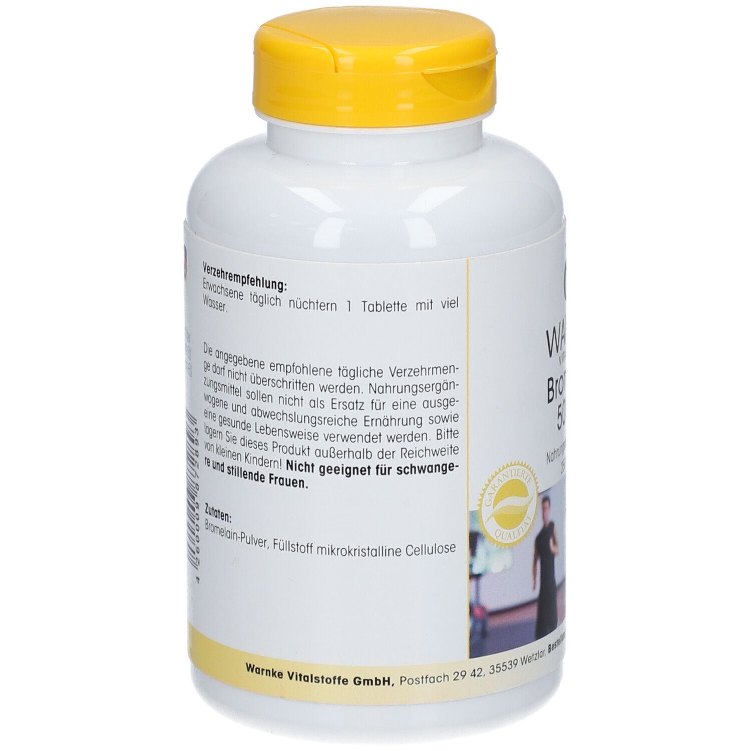 Achterkant van een witte fles met gele dop. Tekst: Aanbevelingen, ingrediënten. Afbeelding van een vrouw en een man.