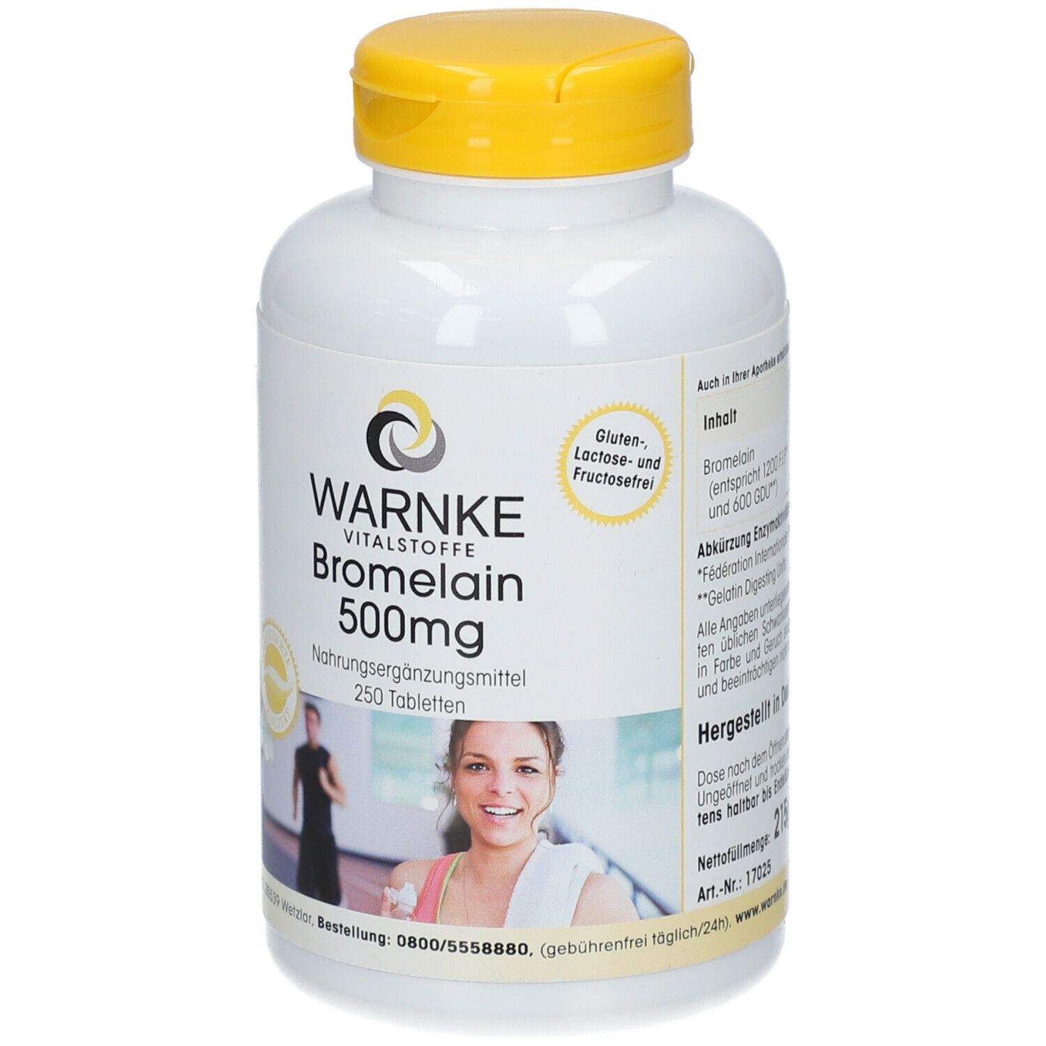 Witte fles met gele dop. Opschrift: WARNKE Bromelaïne 500mg, 250 tabletten. Tekst: Glutenvrij, lactosevrij en fructosevrij.