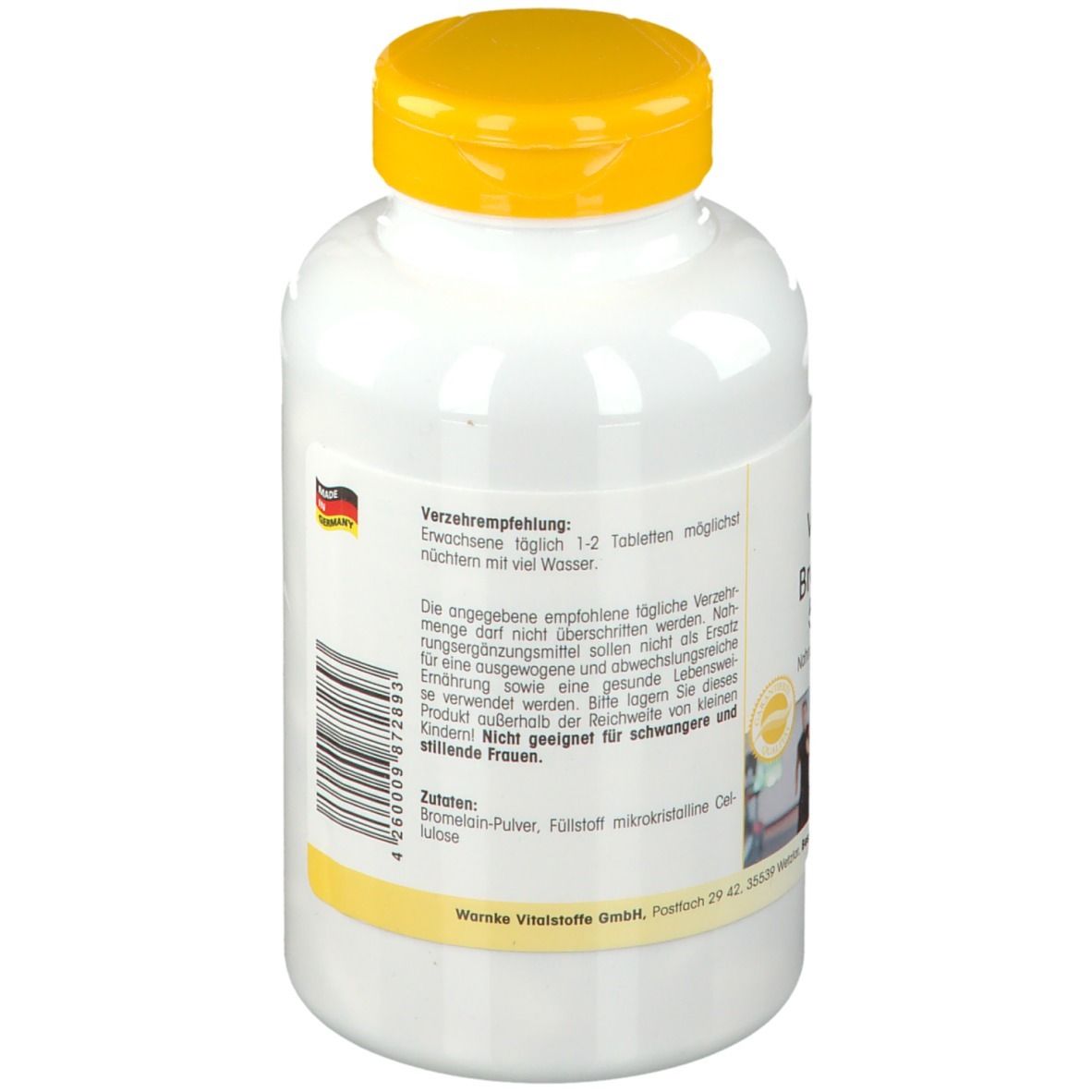 Achterkant van een witte fles met gele dop. Tekst: Inhoud, gemaakt in Duitsland. Nettogewicht 215g (250 tabletten).