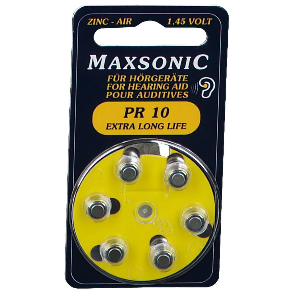 Emballage de six piles auditives. Marque Maxsonic, type PR 10. Emballage noir avec compartiment jaune pour piles.
