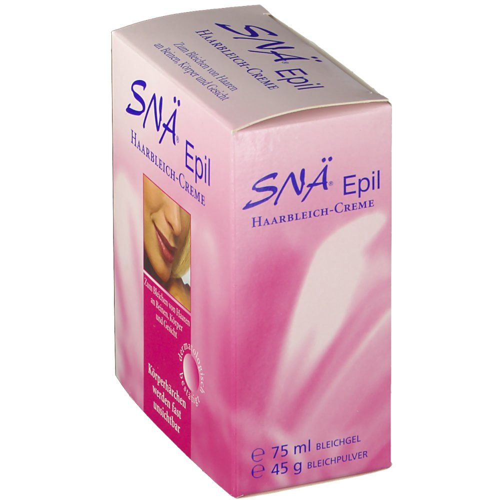 Boîte rose, nom du produit et image d'une femme. Texte: Crème décolorante pour cheveux. Vue en angle.