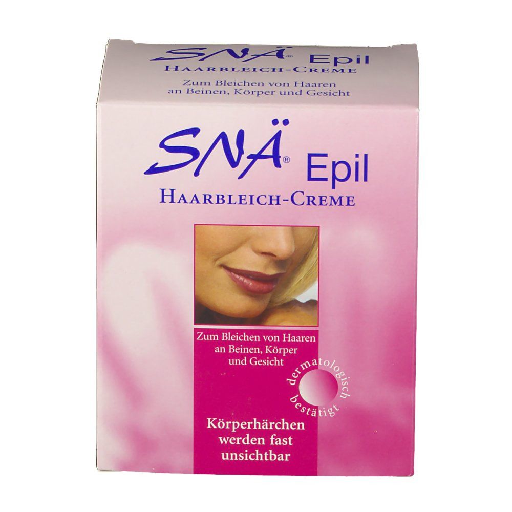 Boîte rose avec nom du produit et image d'une femme. Texte: Crème décolorante pour cheveux.
