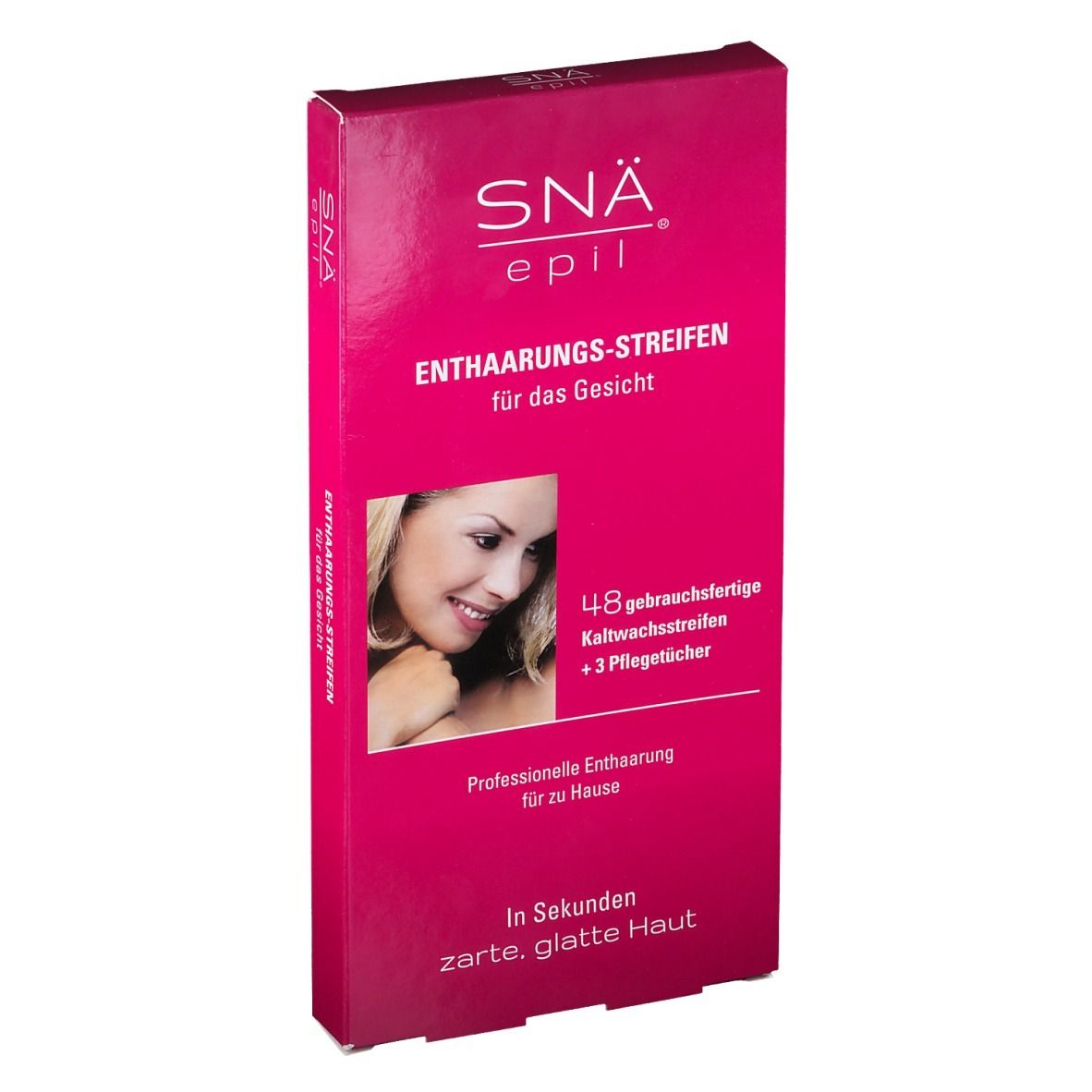 Roze kartonnen verpakking met productinformatie. Bevat 48 koude wasstrips en 3 doekjes. Opschrift: SNÄ® epil.