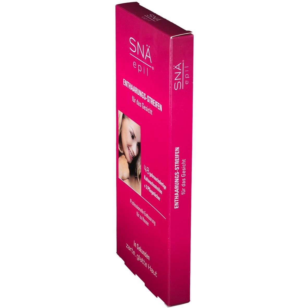 Smalle, roze verpakking. Opschrift: SNÄ® epil, ontharingsstrips voor het gezicht. Bevat 48 strips en 3 doekjes.