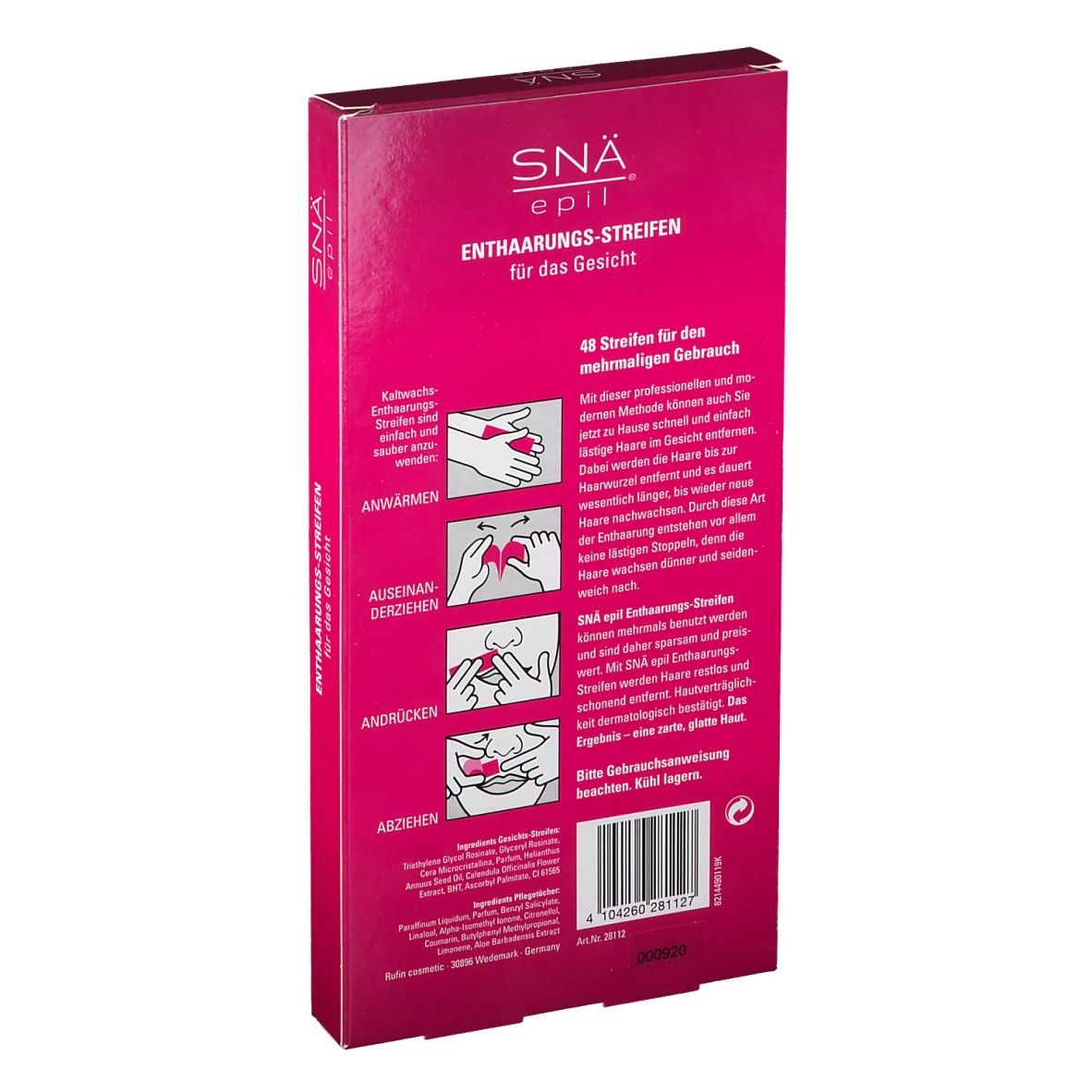 Achterkant van de roze verpakking. Productinformatie, gebruiksaanwijzing en ingrediënten. Opschrift: SNÄ® epil.
