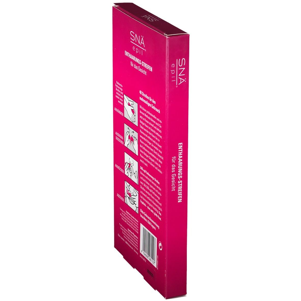 Smalle, roze verpakking. Opschrift: SNÄ® epil, ontharingsstrips voor het gezicht. Gebruiksaanwijzing.