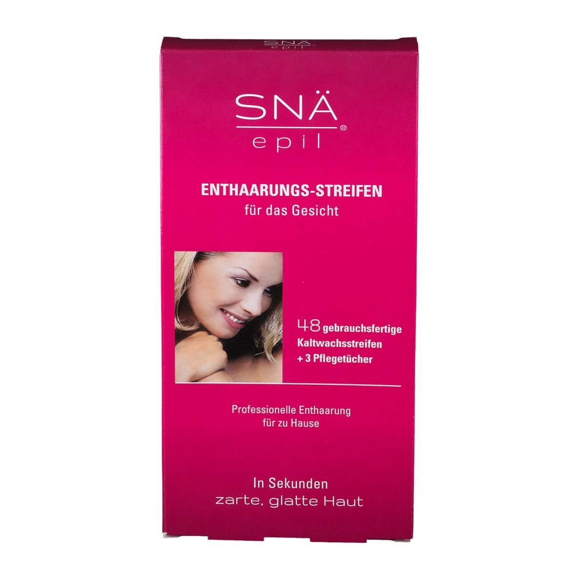 Roze verpakking met productinformatie. Opschrift: SNÄ® epil, ontharingsstrips voor het gezicht. Bevat 48 strips.