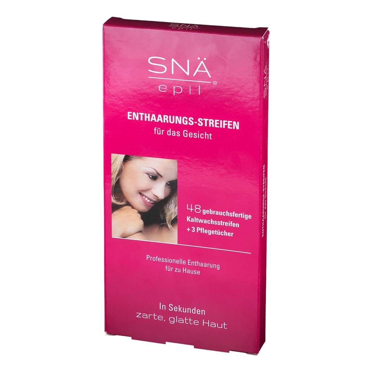 Roze verpakking met productinformatie. Opschrift: SNÄ® epil, ontharingsstrips voor het gezicht. Bevat 48 strips.