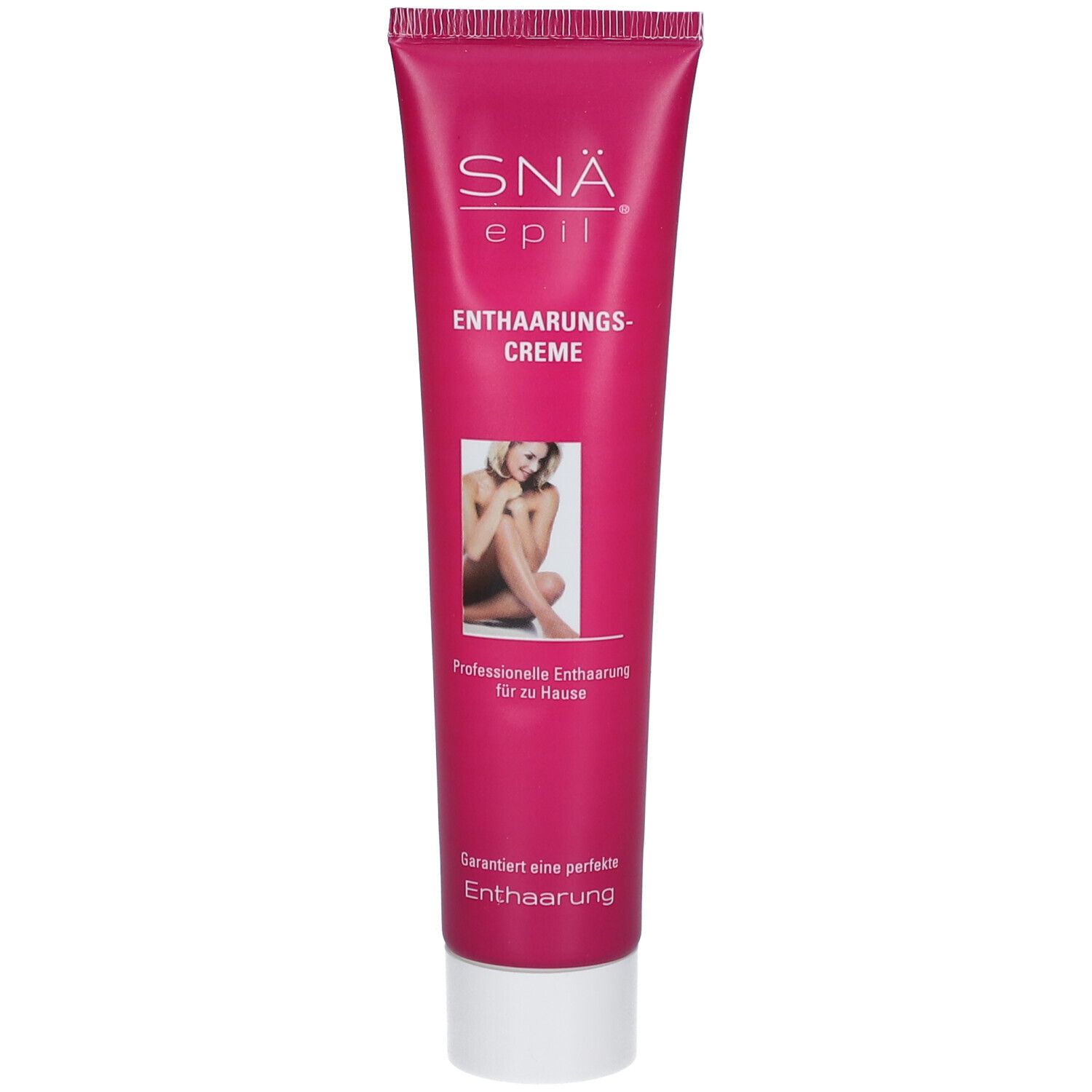 Tube rose de crème dépilatoire SNÄ epil. Inscription : nom du produit, femme à la peau lisse. Épilation professionnelle à domicile.