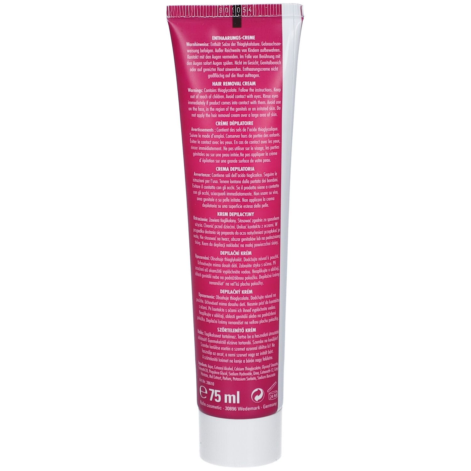 Dos du tube avec texte. Nom du produit, ingrédients, mode d'emploi en plusieurs langues. Volume : 75 ml.