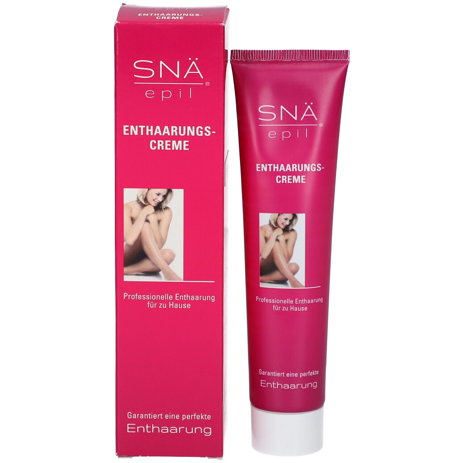 Emballage du produit : boîte et tube roses SNÄ epil crème dépilatoire. Inscription : nom du produit, femme à la peau lisse. Épilation professionnelle.