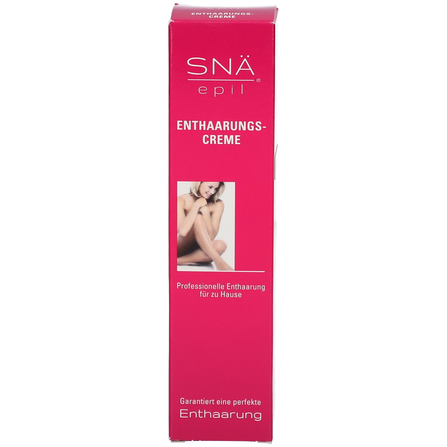 Boîte rose SNÄ epil crème dépilatoire. Inscription : nom du produit, femme à la peau lisse. Épilation professionnelle à domicile.
