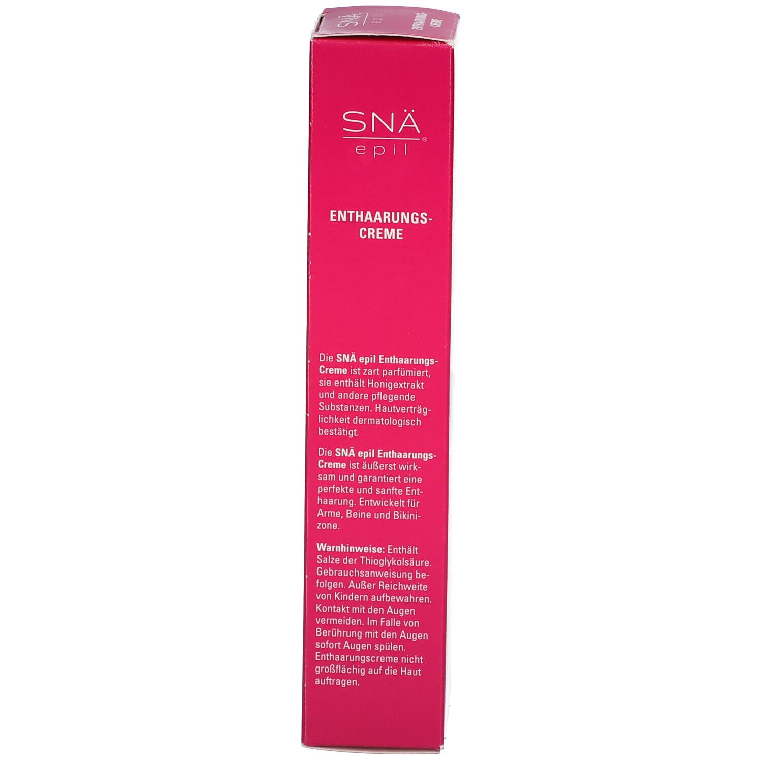 Côté de la boîte rose SNÄ epil crème dépilatoire. Texte : nom du produit, ingrédients, avertissements, testé dermatologiquement.