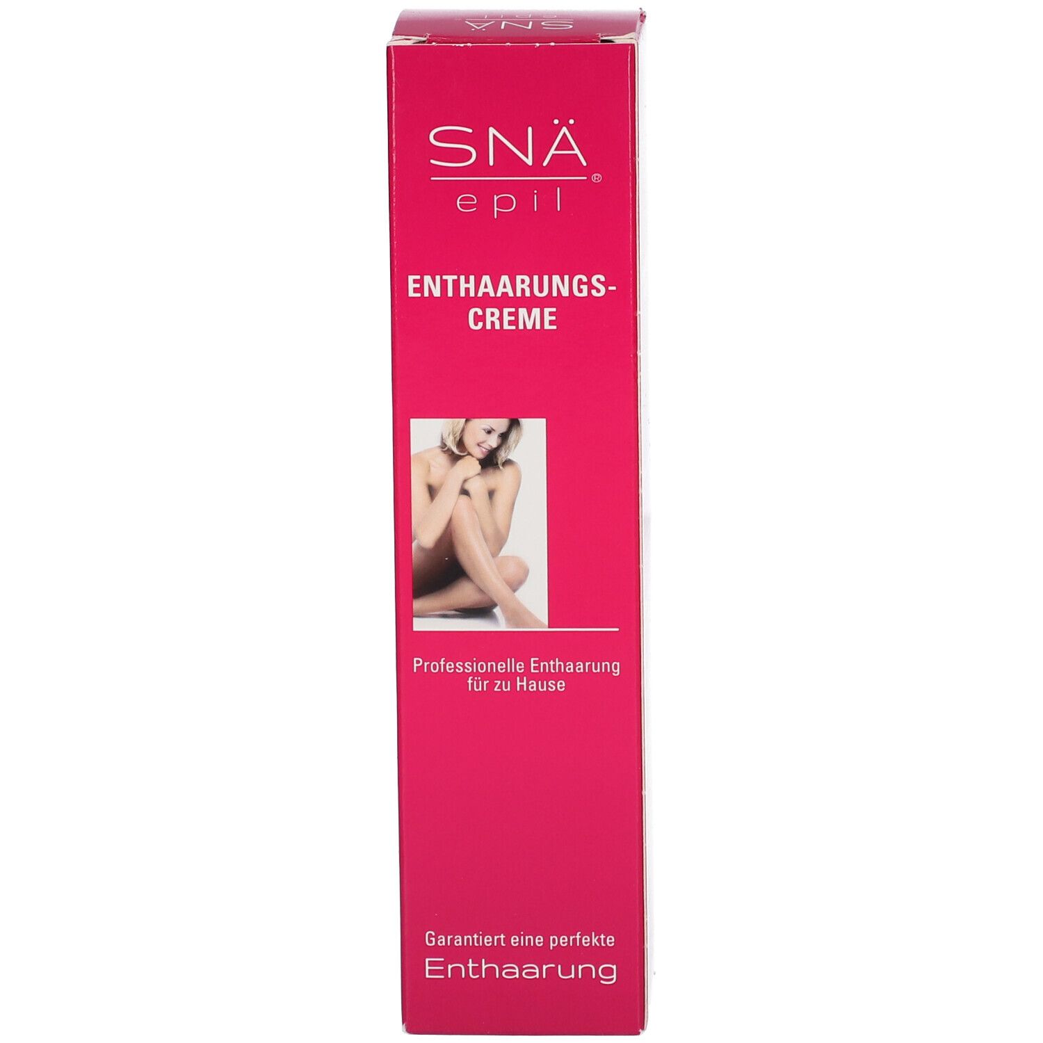 Boîte rose SNÄ epil crème dépilatoire. Inscription : nom du produit, femme à la peau lisse. Épilation professionnelle à domicile.