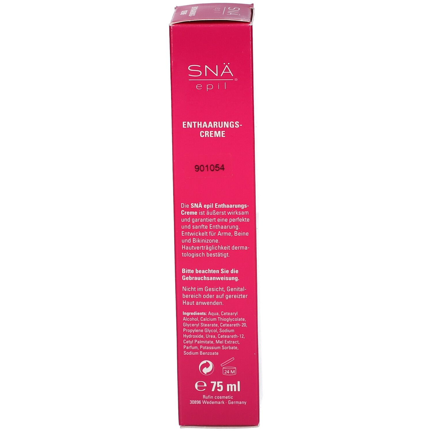 Côté de la boîte rose SNÄ epil crème dépilatoire. Texte : nom du produit, ingrédients, avertissements, volume : 75 ml.
