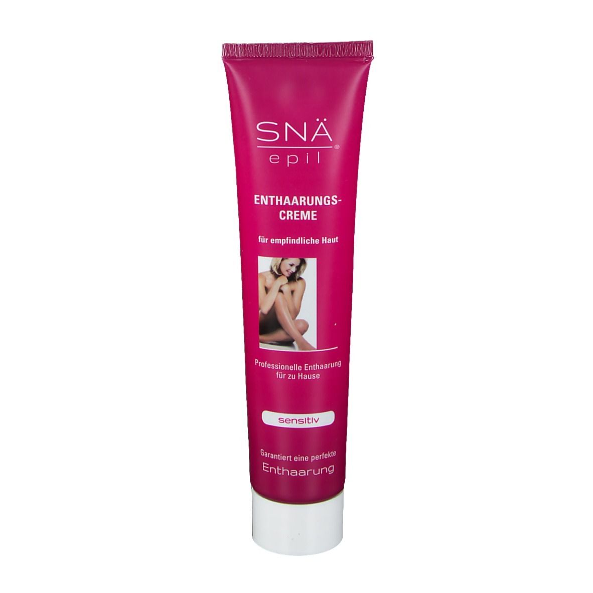 Roze tube met witte dop. Opschrift: SNÄ epil, Ontharingscrème, voor gevoelige huid. Afbeelding van een vrouw. 'Sensitiv'.