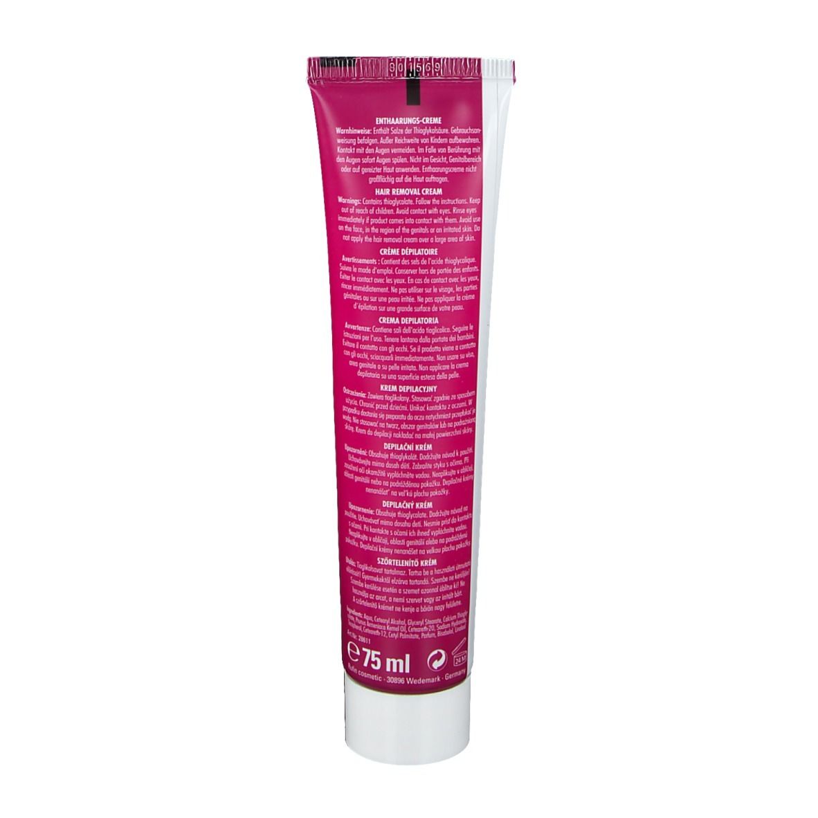 Achterkant van een roze tube. Tekst in meerdere talen. Opschrift: 'Hair removal cream'. Volume: 75 ml.