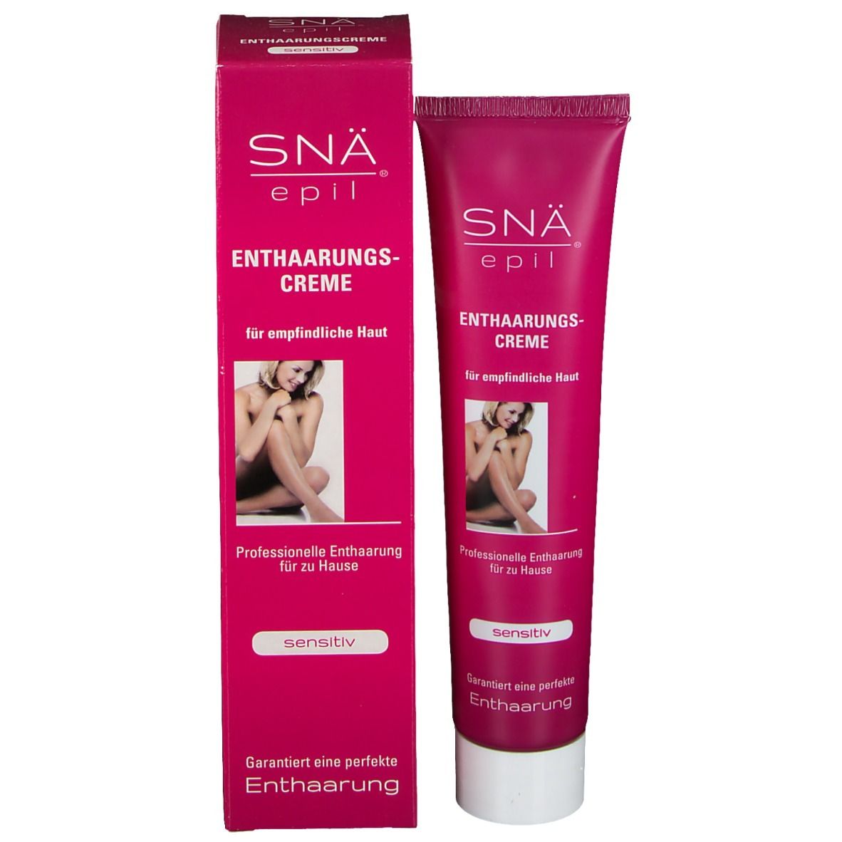 Productverpakking: Roze doos en tube. Opschrift: SNÄ epil, Ontharingscrème, voor gevoelige huid. Afbeelding van een vrouw. 'Sensitiv'.