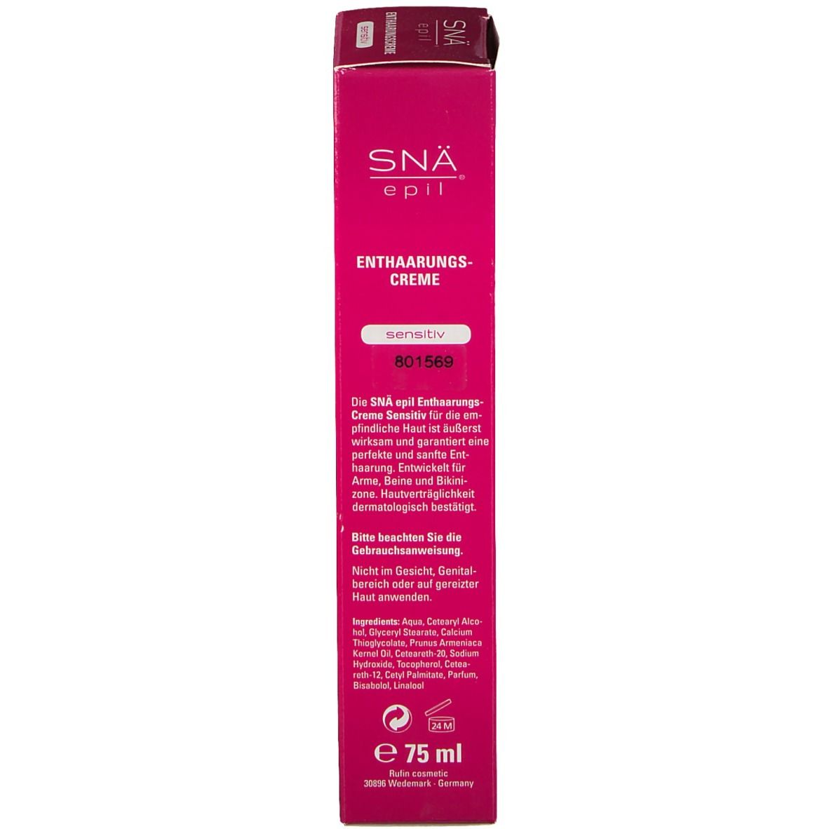 Roze kartonnen verpakking. Opschrift: SNÄ epil, Ontharingscrème, voor gevoelige huid. Tekst en productinformatie. Volume: 75 ml.