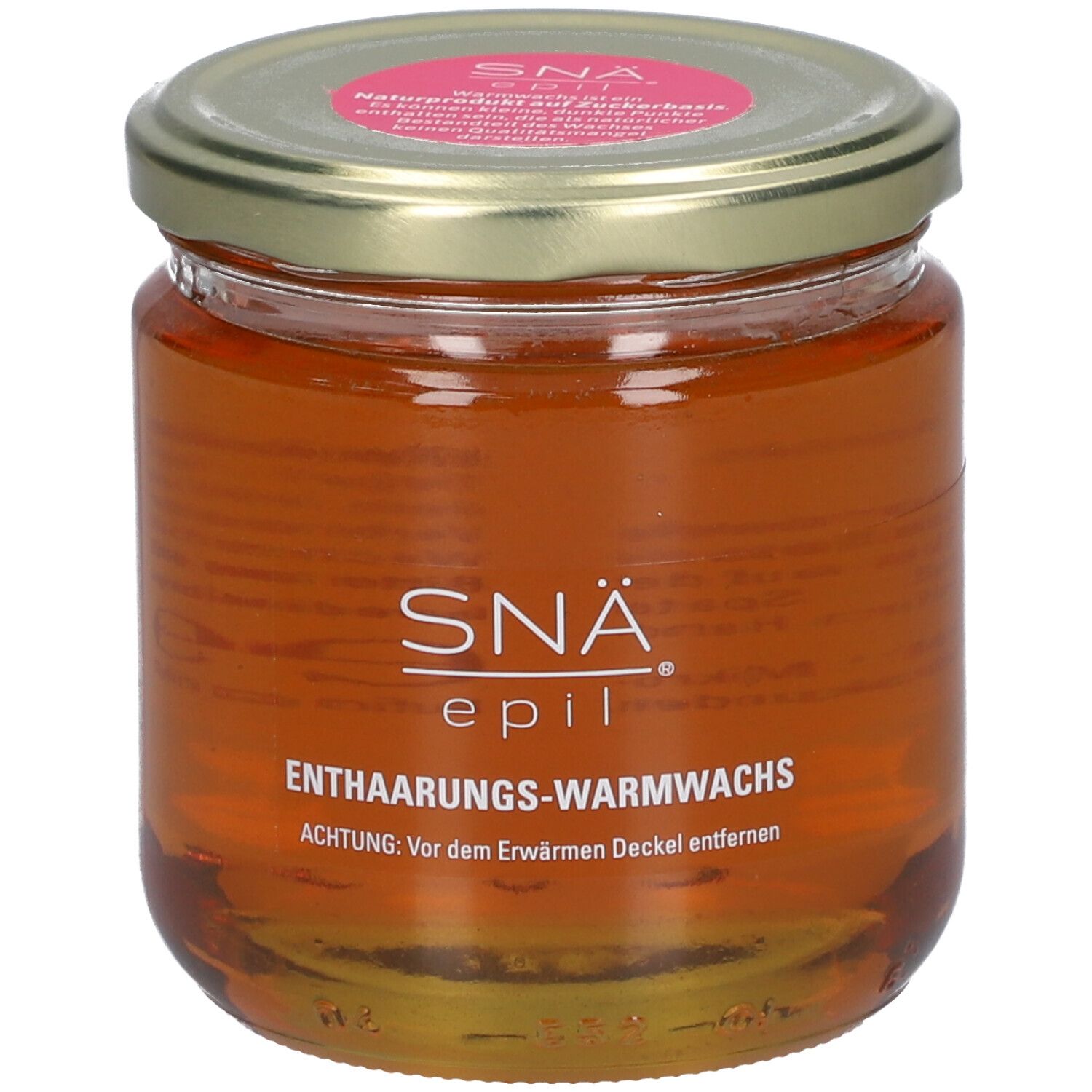 Pot de cire tiède SNÄ epil. Cire brune, couvercle doré, étiquette rose. Inscription: Enthaarungs-Warmwachs.