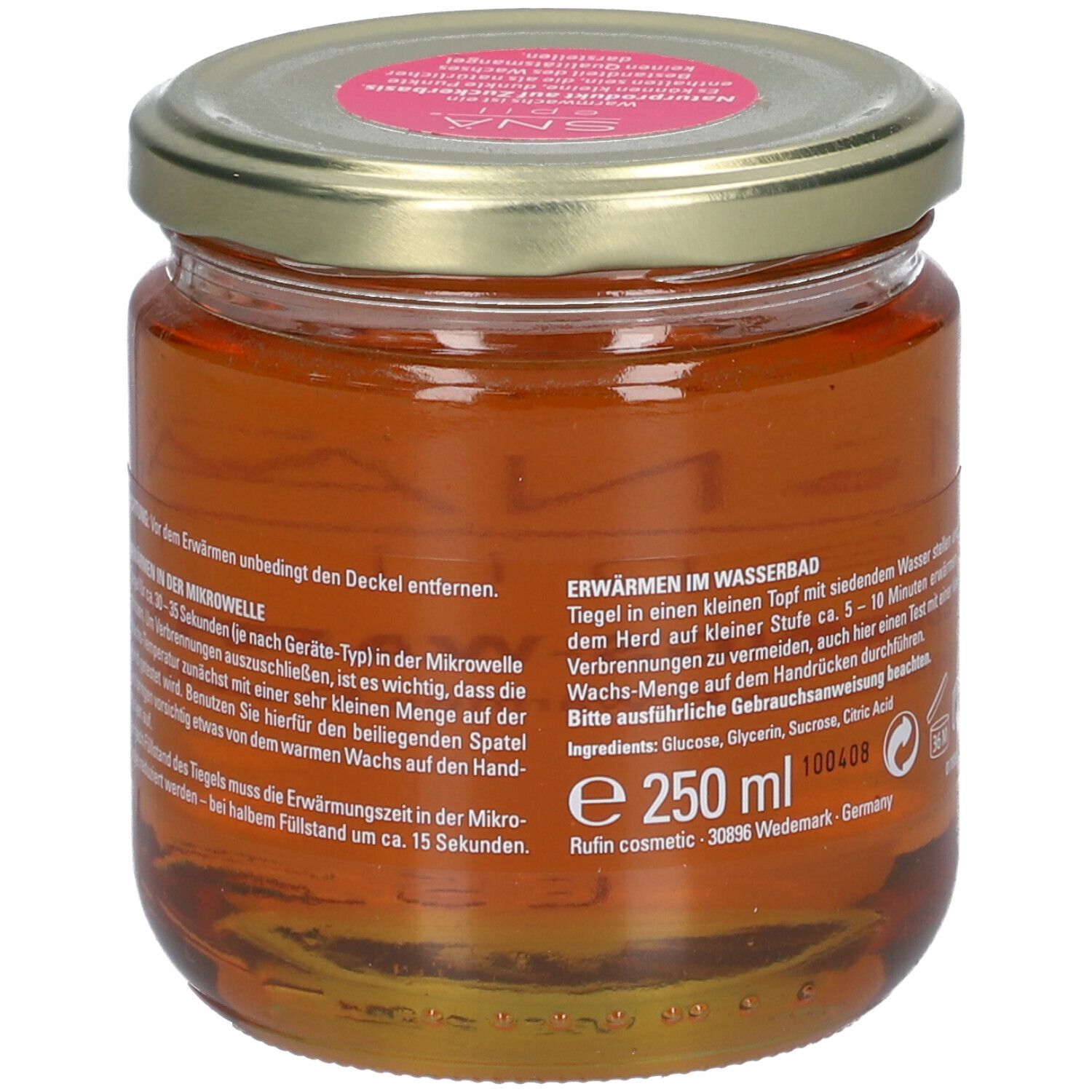 Pot de cire tiède SNÄ epil. Cire brune, dos avec texte et symboles. Inscription: Enthaarungs-Warmwachs.