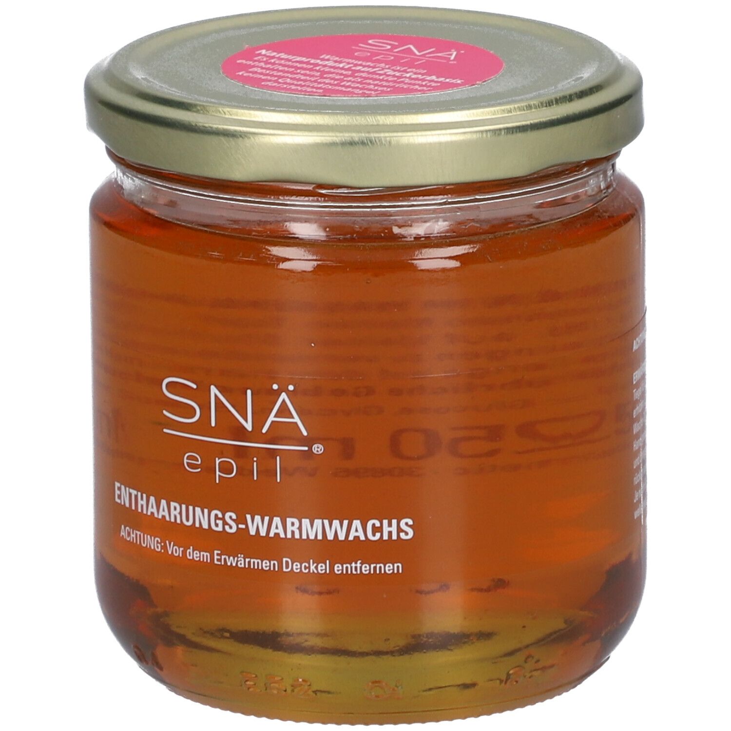 Pot de cire tiède SNÄ epil. Cire brune, couvercle doré, étiquette rose. Inscription: Enthaarungs-Warmwachs.