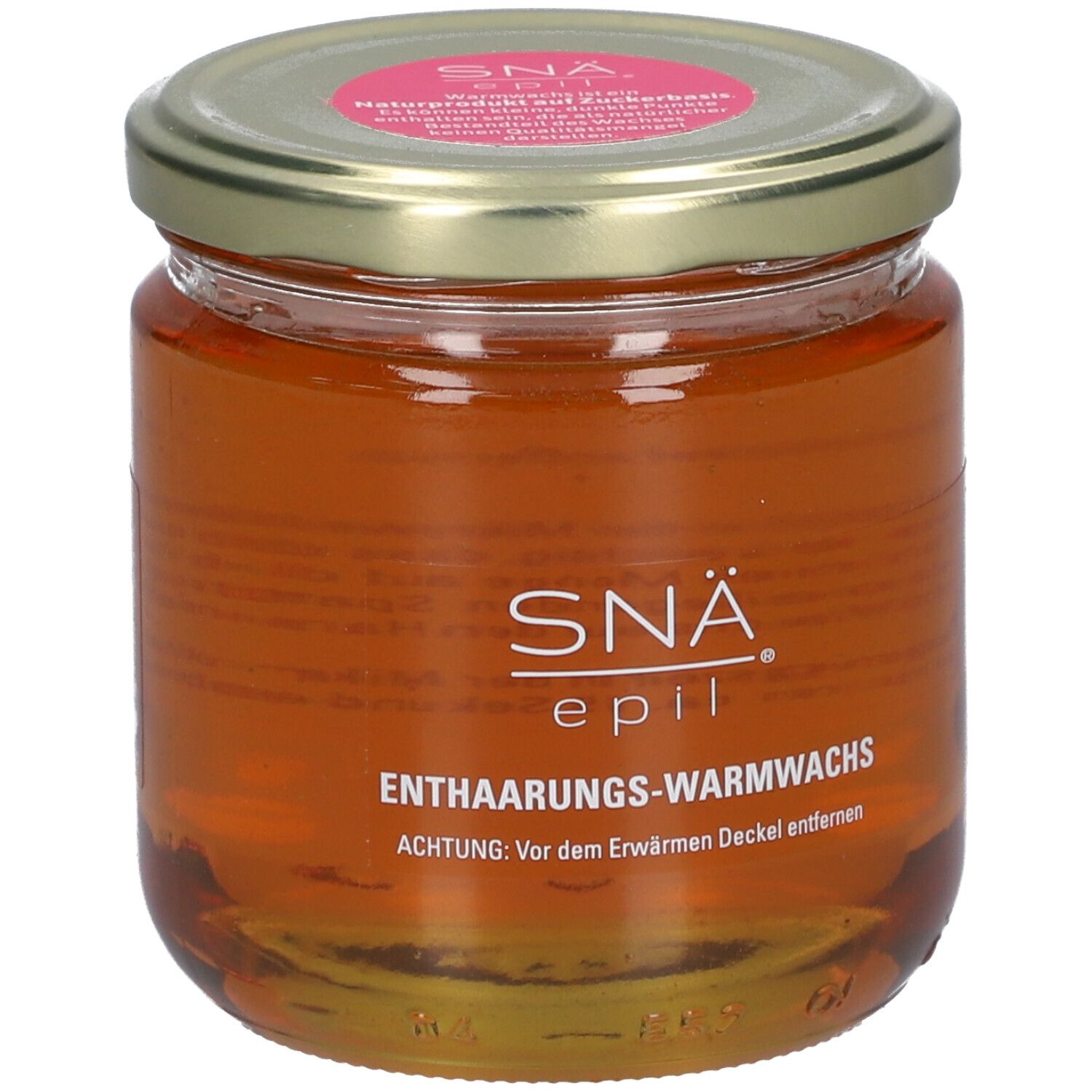 Pot de cire tiède SNÄ epil. Cire brune, couvercle doré, étiquette rose. Inscription: Enthaarungs-Warmwachs.