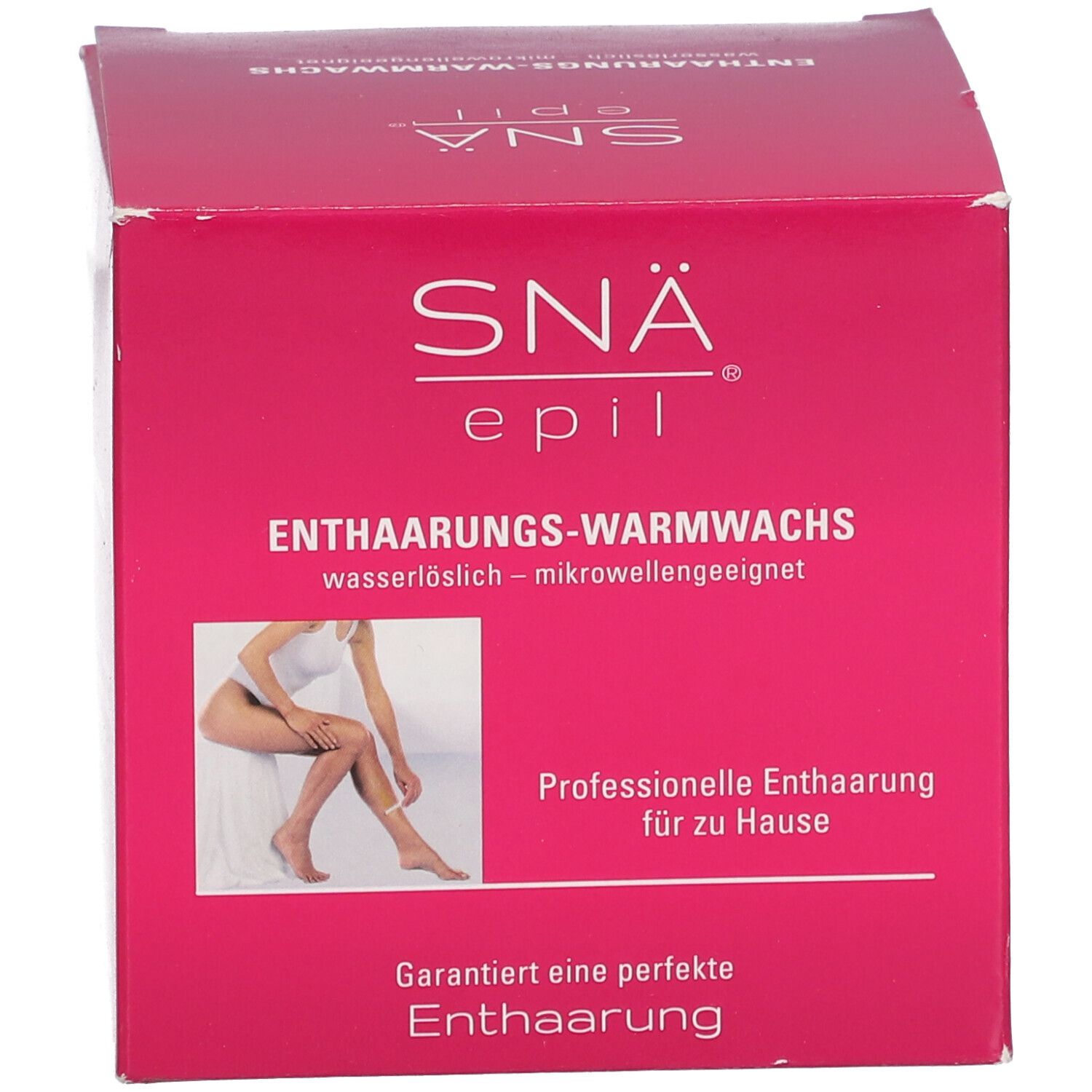Boîte rose. Inscription: SNÄ epil, Enthaarungs-Warmwachs. Image: jambe. Texte.