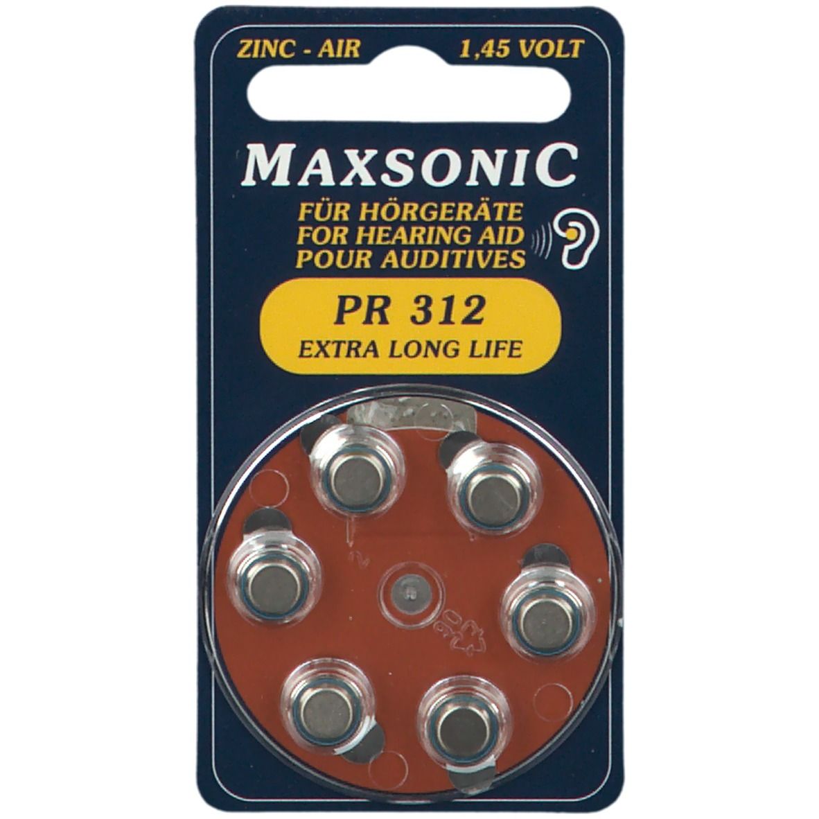 Blister de six piles auditives Maxsonic PR 312. Inscription : Extra Long Life. Type : Zinc-Air, 1,45 Volt.