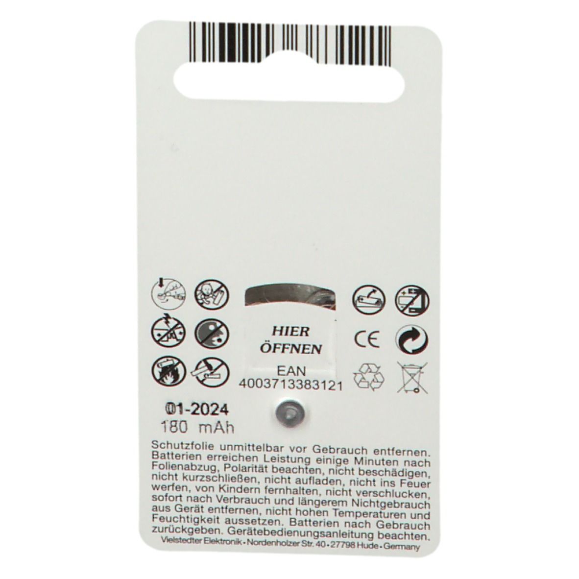 Dos du blister avec avertissements, marquage CE et code EAN. Une pile visible.