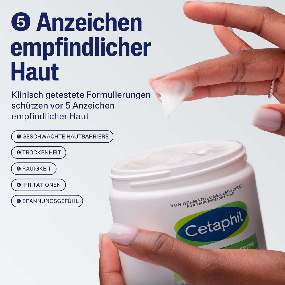 Crème in pot. Tekst: 5 tekenen van een gevoelige huid. Verzwakte huidbarrière, droogheid, ruwheid, irritatie, trekkerigheid.