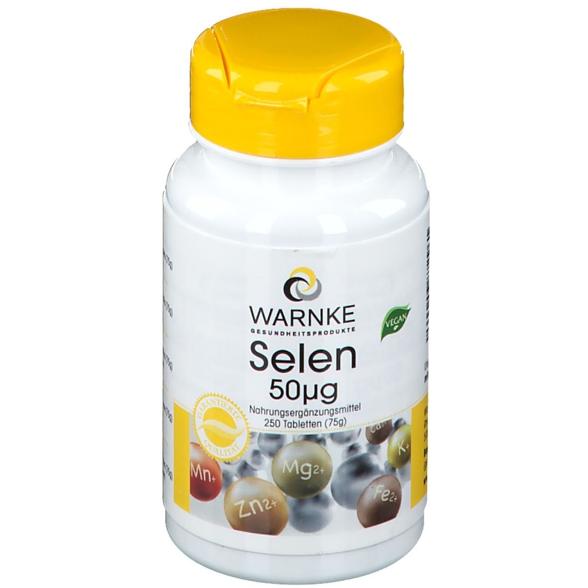 Witte fles met gele dop. Opschrift: WARNKE Selenium 50µg. Vegan-zegel. Bevat 250 tabletten.