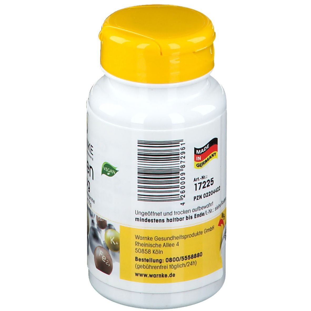 Achterkant van de witte fles met gele dop. Streepjescode, Made in Germany. Bedrijfs- en houdbaarheidsinformatie.