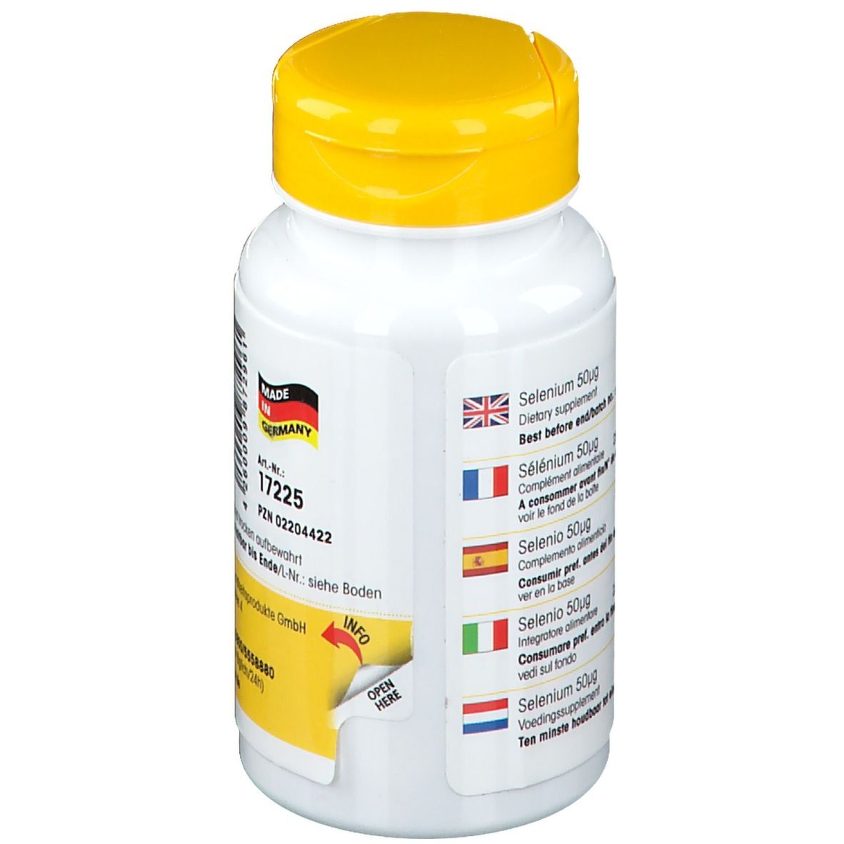 Achterkant van de witte fles met gele dop. Meertalige productinformatie. Made in Germany.