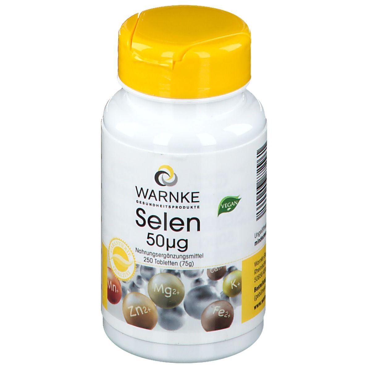 Witte fles met gele dop. Opschrift: WARNKE Selenium 50µg. Vegan-zegel. Bevat 250 tabletten.