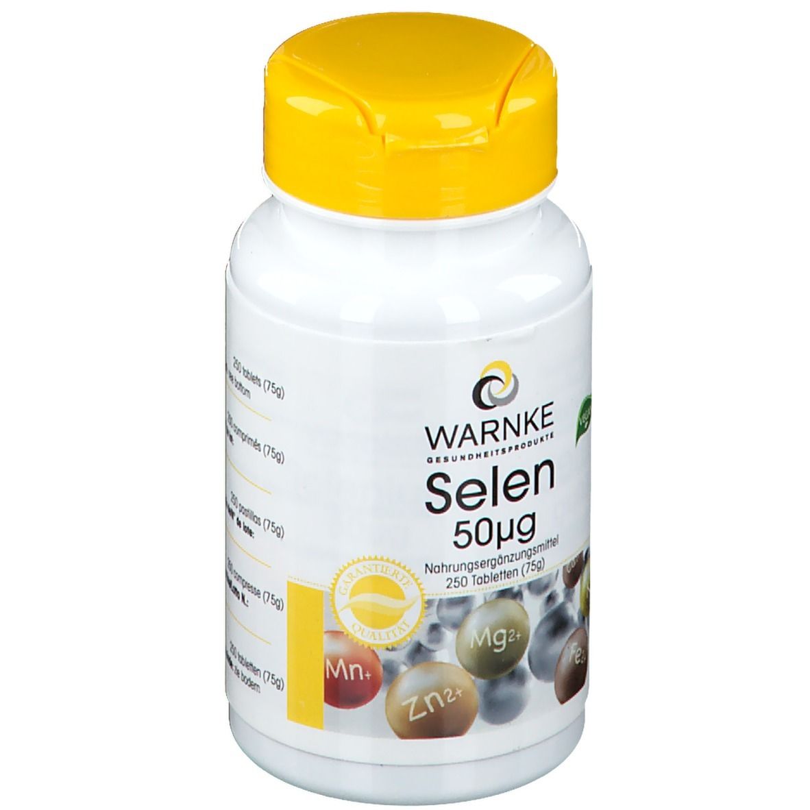 Witte fles met gele dop. Opschrift: WARNKE Selenium 50µg. Vegan-zegel. Bevat 250 tabletten.