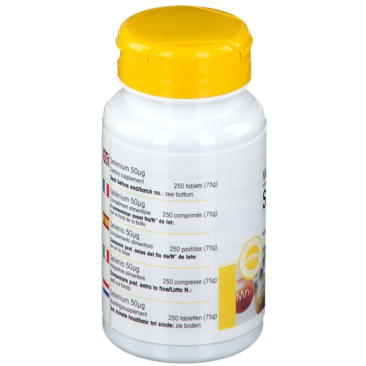 Achterkant van de witte fles met gele dop. Meertalige productinformatie. Bevat 250 tabletten.