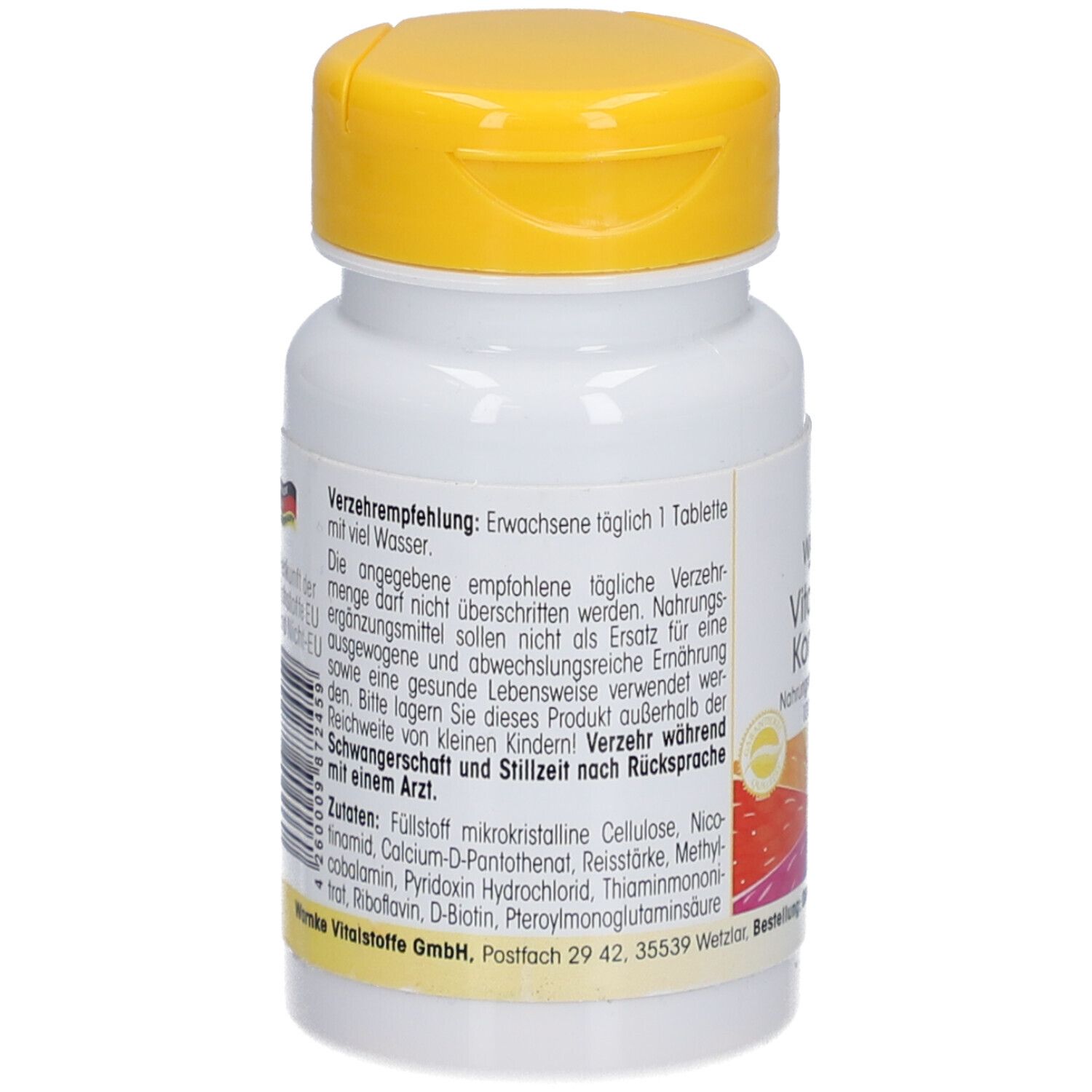 Achterkant van de tablettenfles. Tekst: Gemaakt in Duitsland. Voedingswaarde-informatie. Meertalige vlaggen. 45g (100 tabletten).