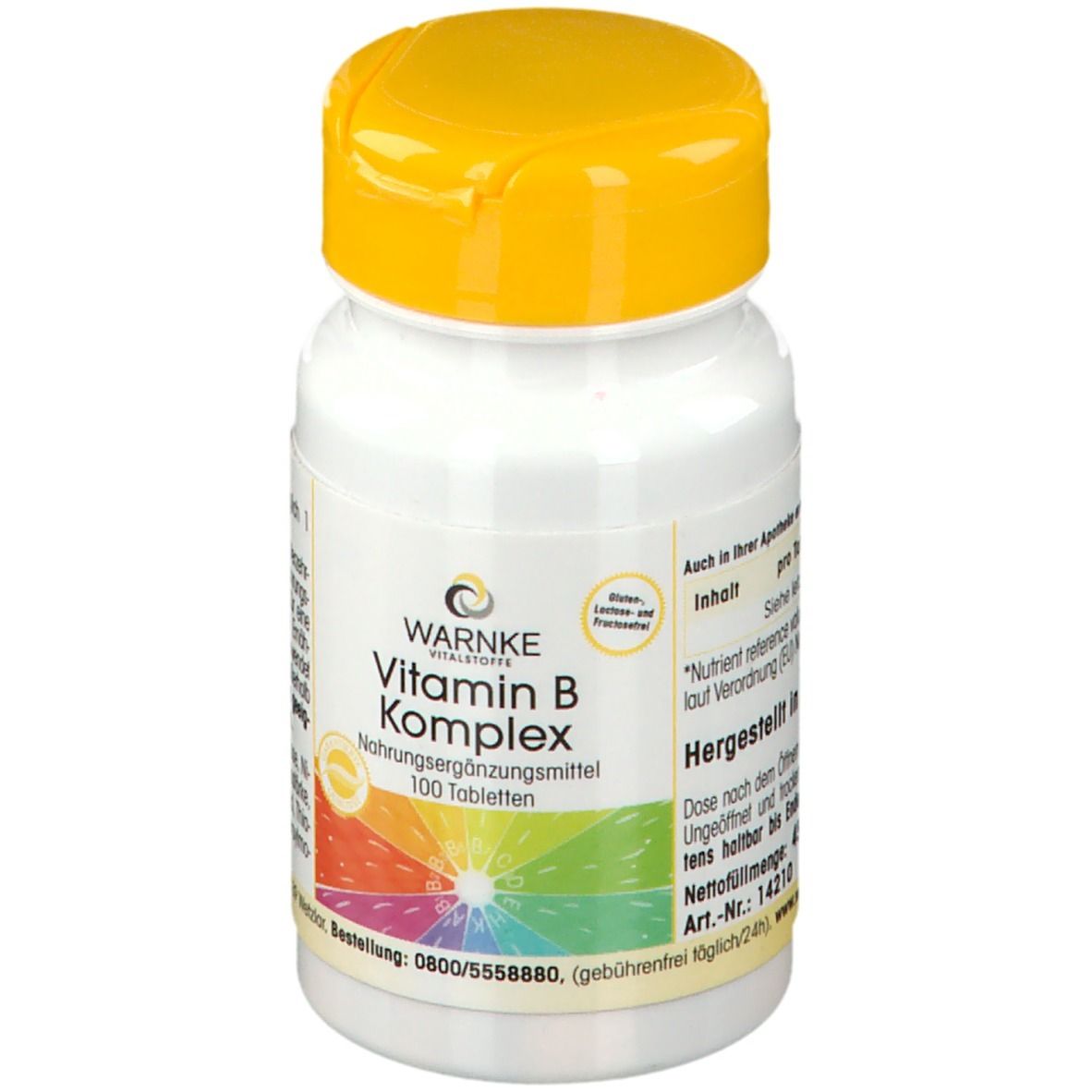 Witte tablettenfles met gele dop. Opschrift: WARNKE Vitamin B Komplex. 100 tabletten. Gekleurde achtergrond.