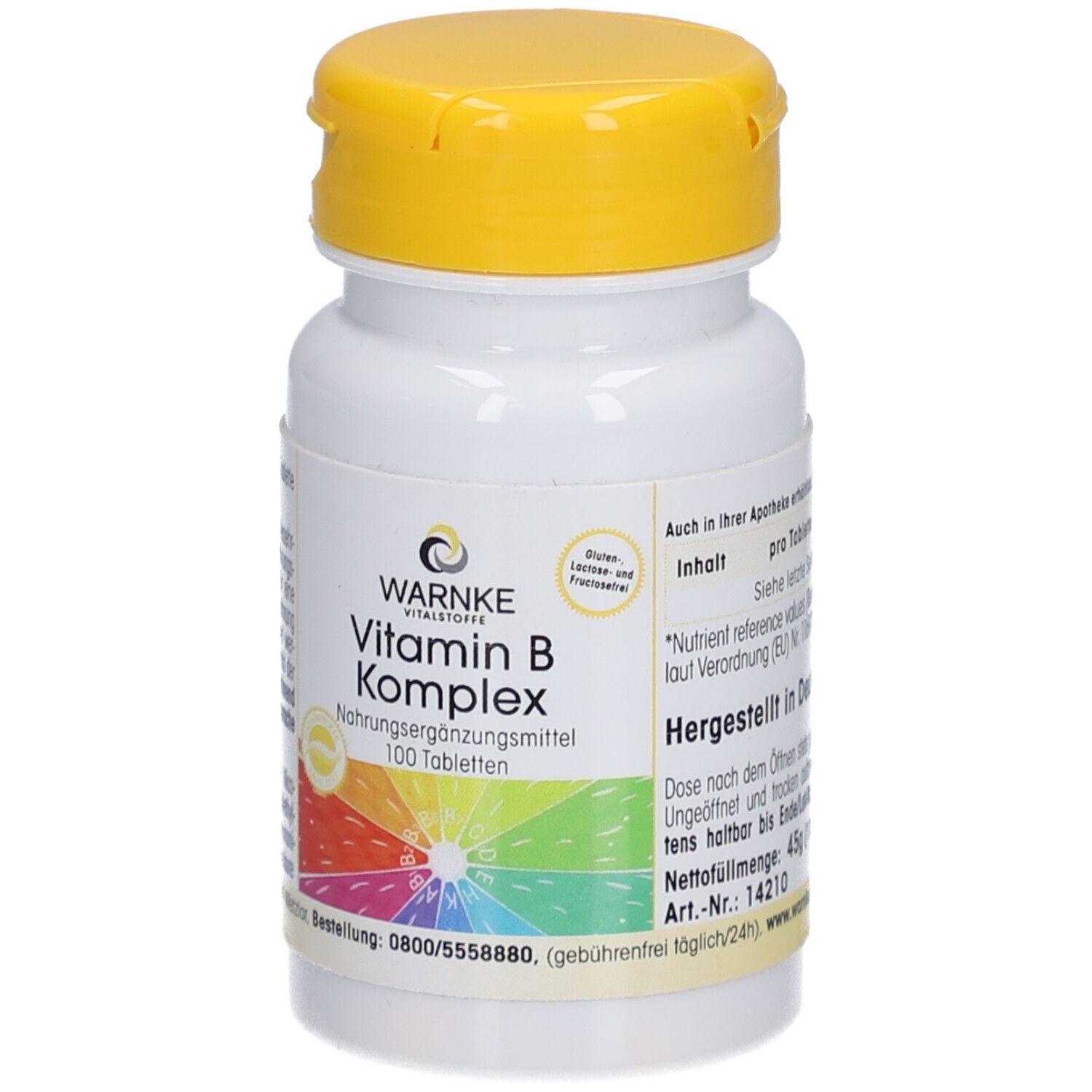 Witte tablettenfles met gele dop. Opschrift: WARNKE Vitamin B Komplex. 100 tabletten. Gekleurde achtergrond.