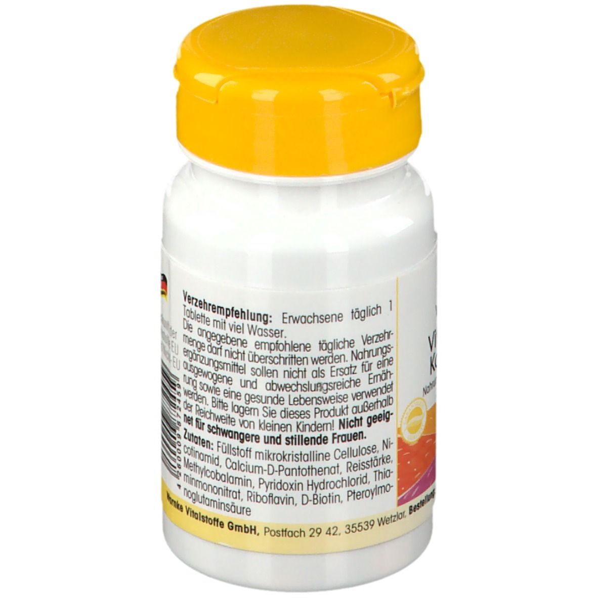 Achterkant van de tablettenfles. Tekst: Gemaakt in Duitsland. Voedingswaarde-informatie. Meertalige vlaggen. 45g (100 tabletten).