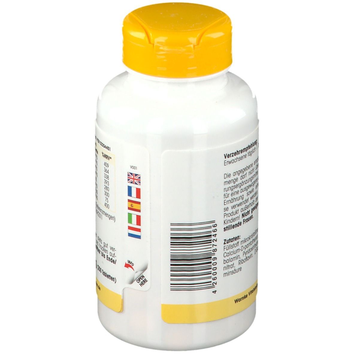 Achterkant van witte fles met gele dop. Barcode en meertalige vlaggen.