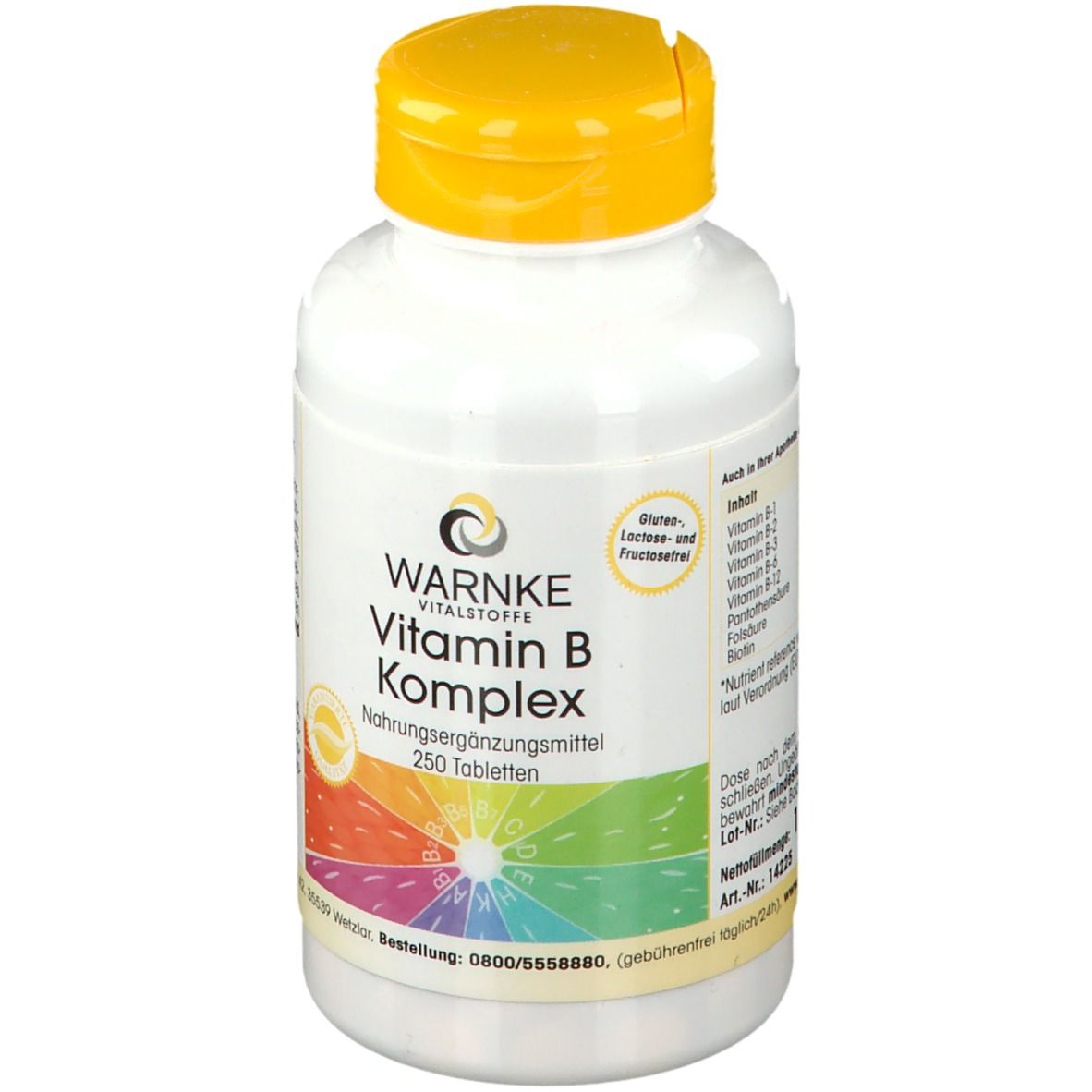 Witte fles met gele dop. Opschrift: WARNKE Vitamin B Komplex, 250 tabletten. Kleurrijke regenboog.