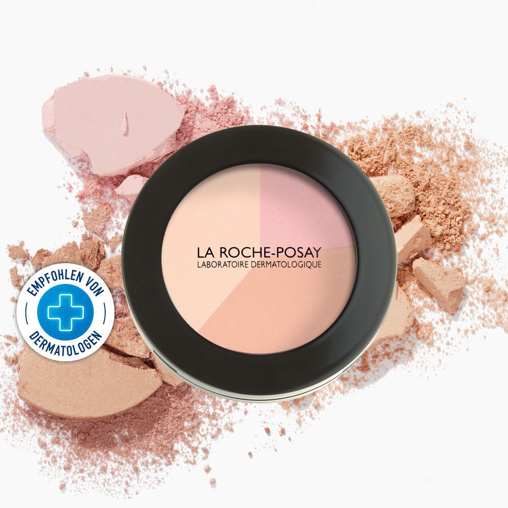 Poudre compacte en trois teintes : rose clair, beige et pêche. Boîtier noir avec logo "La Roche-Posay". Recommandé par les dermatologues.