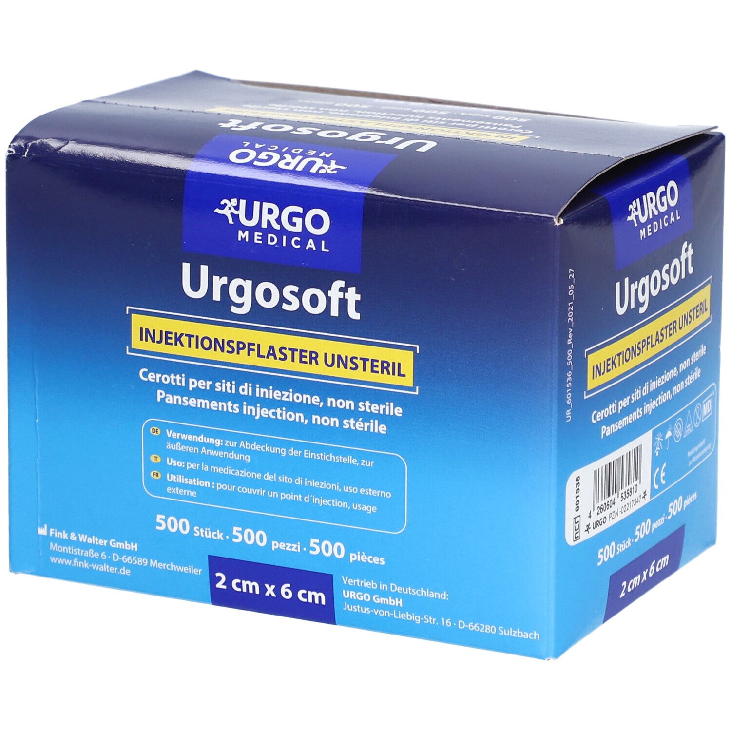 Pansements UrgoSoft pour injection, non stériles, 500 pièces, 2 cm x 6 cm.