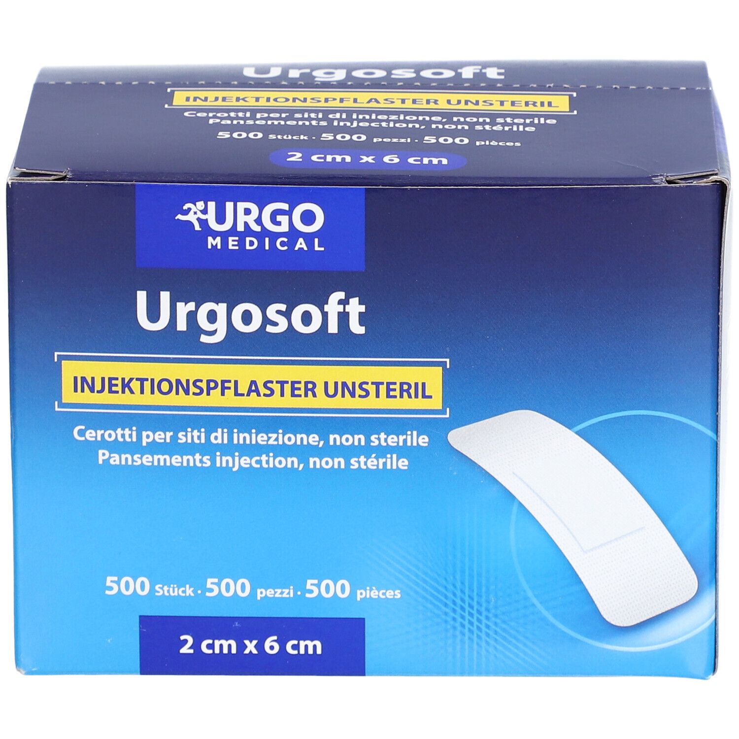 Pansements UrgoSoft pour injection, non stériles, 500 pièces, 2 cm x 6 cm.