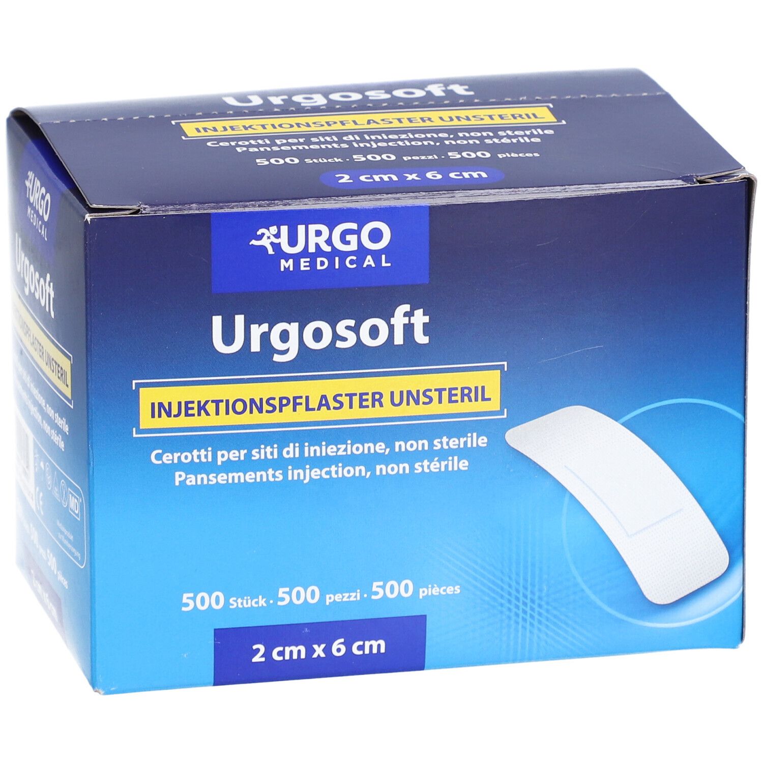 Pansements UrgoSoft pour injection, non stériles, 500 pièces, 2 cm x 6 cm.