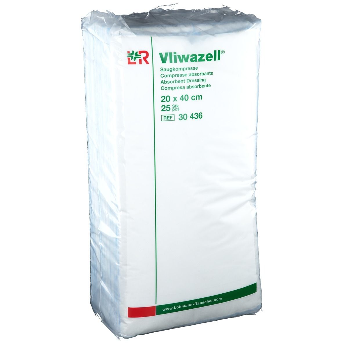 Compresse absorbante Vliwazell®, 20 x 40 cm, emballage plastique. Informations produit et logo visibles.