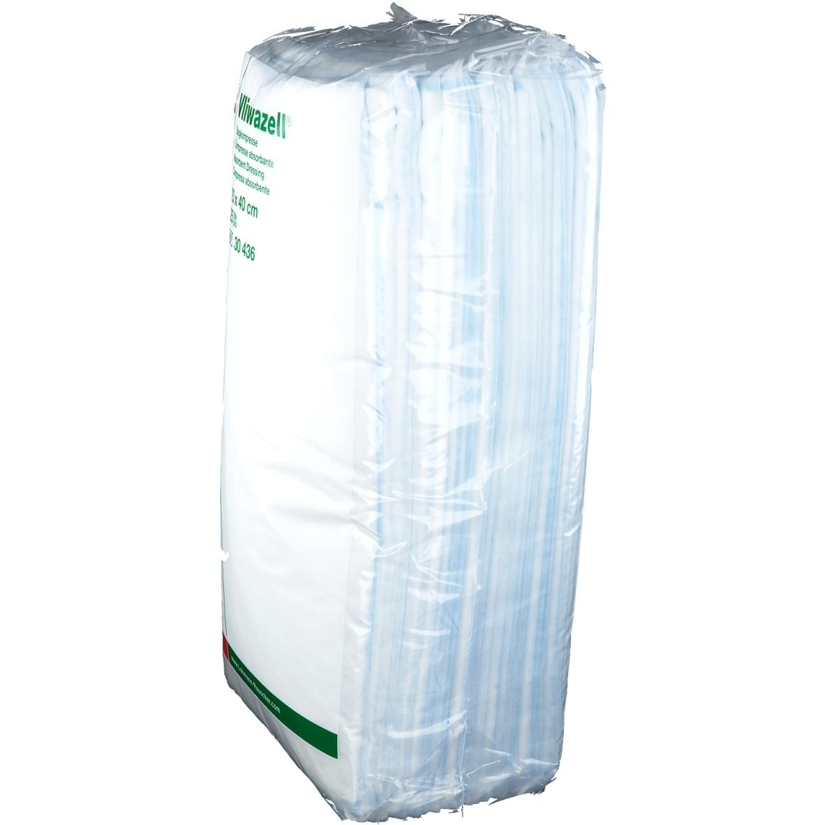 Paquet de compresses Vliwazell®, 20 x 40 cm, en film plastique. Vue latérale, compresses bleues visibles.