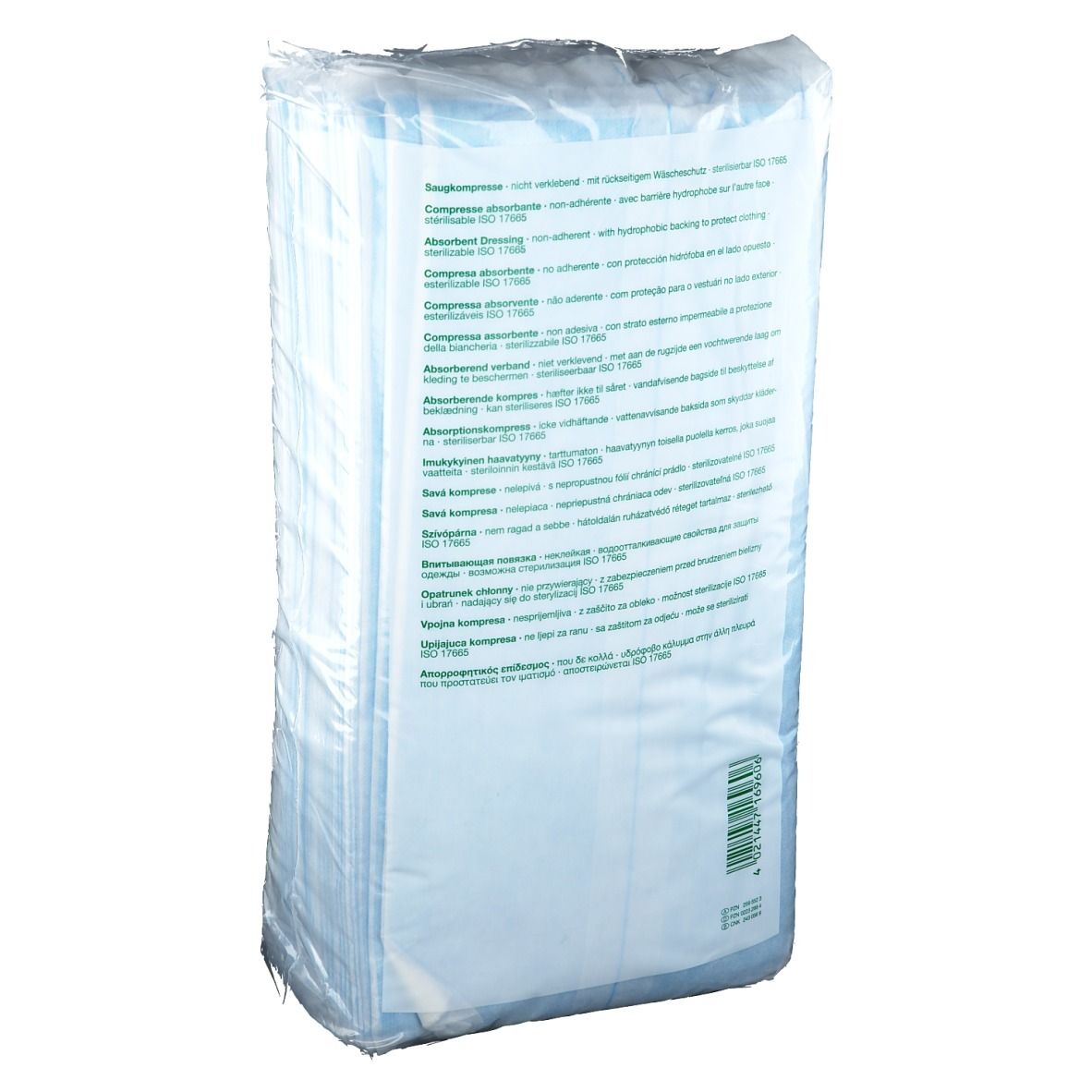 Dos de l'emballage des compresses Vliwazell®. Informations produit multilingues et certification ISO.